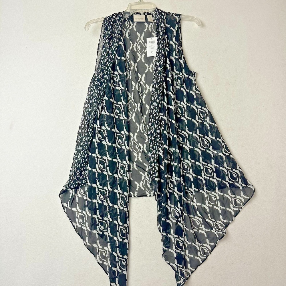 Chicos Bi Color Sheer Pattern Fashion Vest Black White Diamond Print Size 0 NEW‎